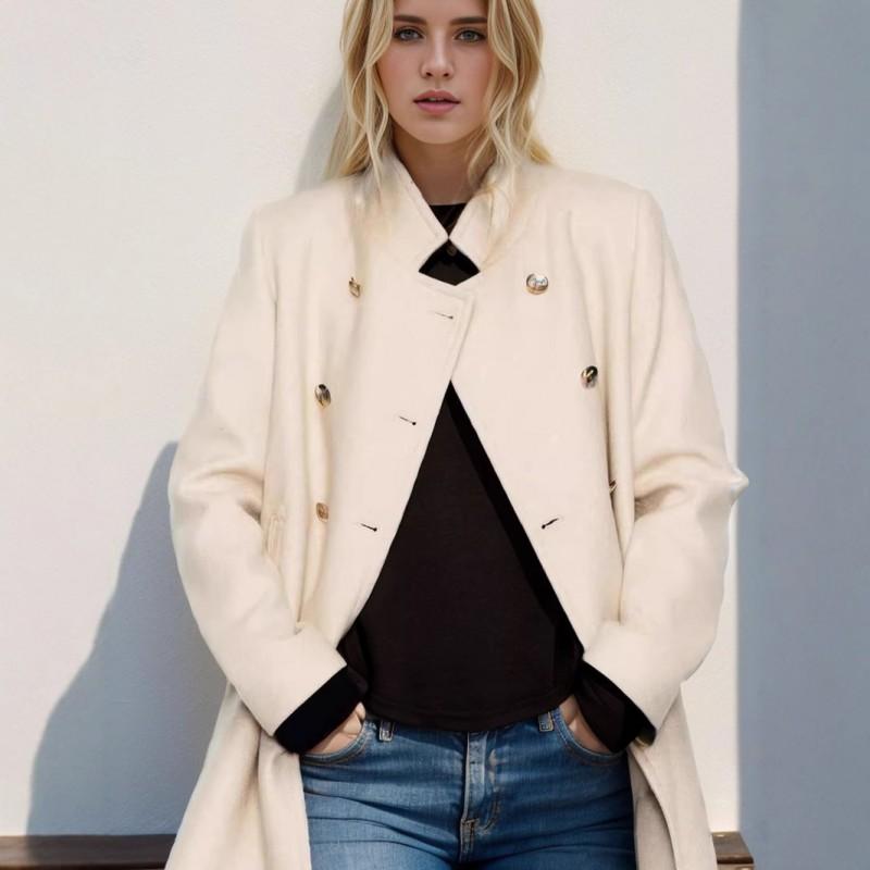 Womens Wool Blend Coat Slim Fit Stand Collar Solid Color Long Overcoat Fall Winter