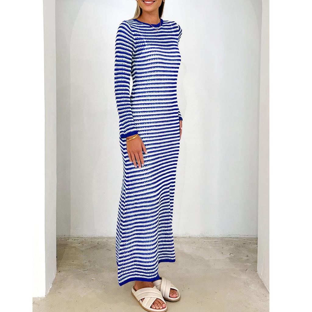 Женское повседневное полосатое платье-свитер с длинными рукавами, платье средней длины, облегающее платье