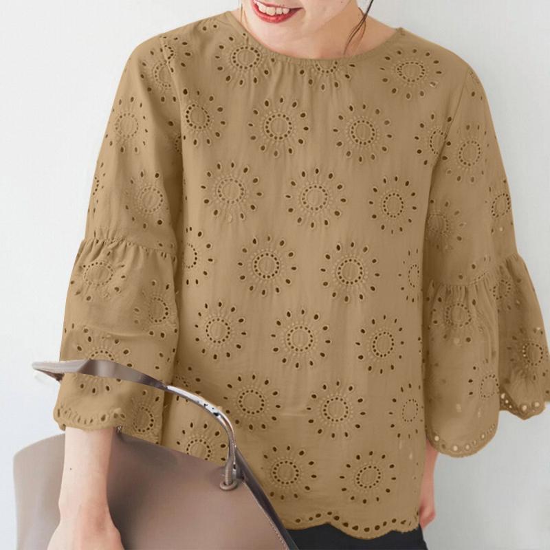 ZANZEA Женская повседневная блузка с круглым вырезом и рукавом 3/4, свободная кружевная блузка в стиле пэчворк
