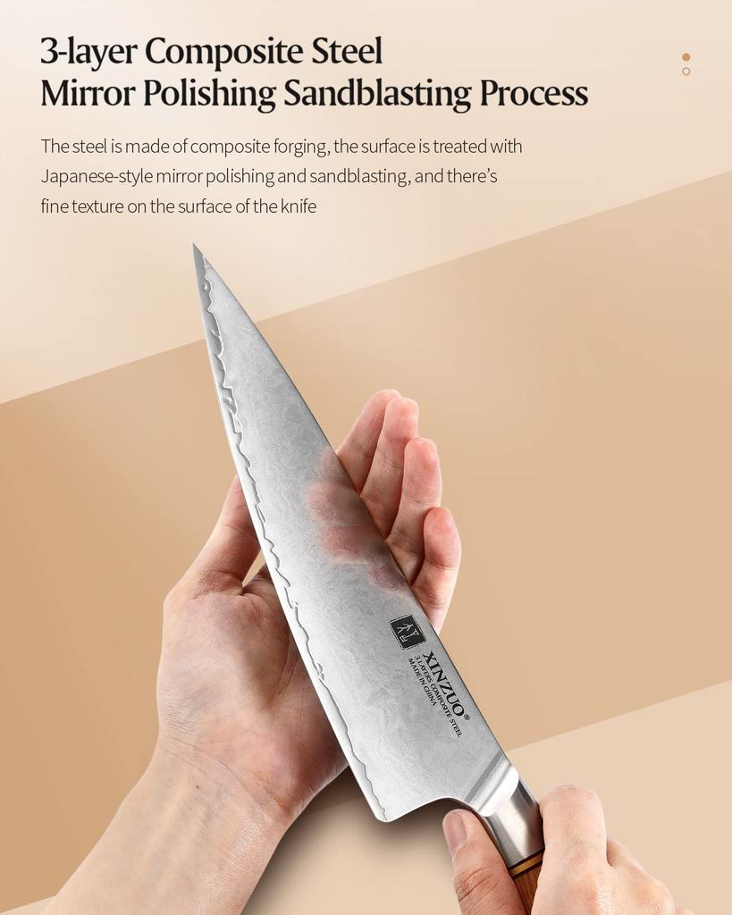 XINZUO Composite Steel 5Pcs Kitchen Knife 3 Layer Clad Steel Chef Knife Set 10Cr15CoMoV Steel Professional Sharp Cooking Knife Stainless Steel Knife