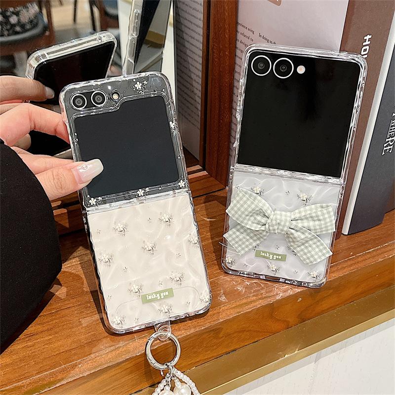 Применимо к чехлу для мобильного телефона Samsung ZFlip7 складной zflip6 прозрачный 5 с водяными разводами 4 с мелкими цветами 3 с бантом