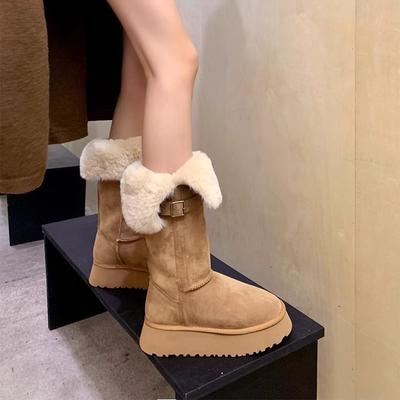 Зима 2025 новые двусторонние средние и высокие сноубутсы мех овчины интегрированный повседневный бархат теплые на толстой подошве увеличивающие рост сапоги