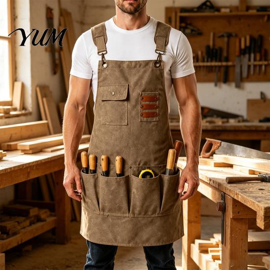 Washable Work Apron with Pockets & Tool Strap, Heavy Duty for Woodworking Gardening Mechanical Repair, Waterproof Utility Men Women