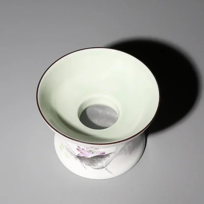 Chinese Tea Set Accessory, Tea Filter, Matte White Ceramic Strainer, Creative Lotus Infuser, Cup Funnel and Stand Set, Teaware