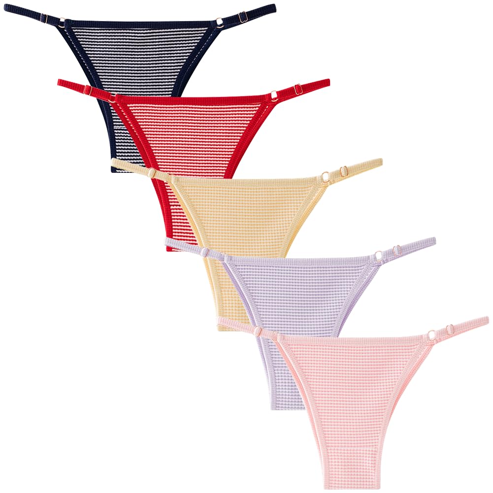 TUOTISI Adjustable Bare Check Pattern Women's T-Back Panties, Cotton, Half-Back, Non-Slip, Comfortable, Sexy, Straps, Bikini/Thong, Smooth, Skin,