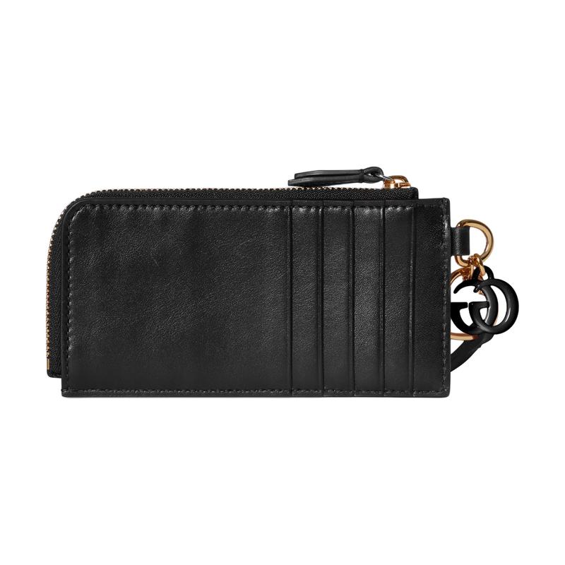 Gucci Double G Logo Charm Gold Hardware Smooth Leather Card Holder Women's Black