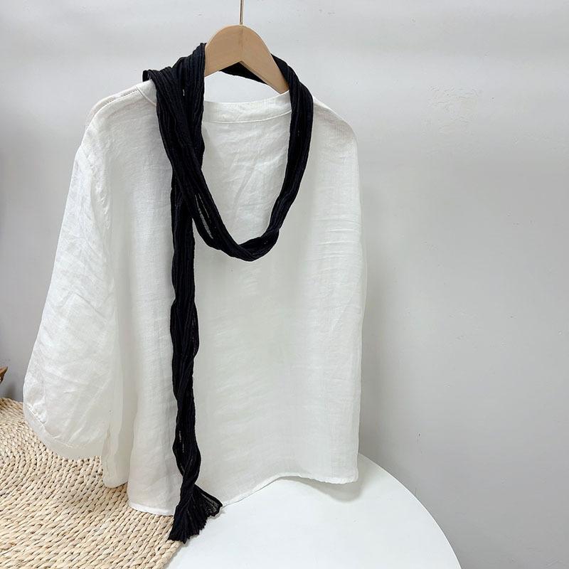 Retro Pleated Ramie Scarf Slender And Narrow Long Silk Scarf Japanese Mori Women Versatile Extended Neck Protector Scarf Shawl