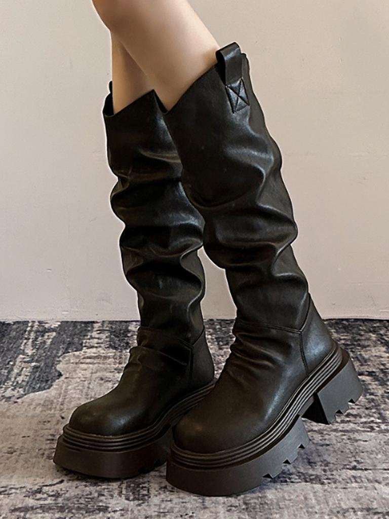 Retro Platform High Knight Boots for Women 2025 Spring and Autumn New Versatile Thick-heeled Knee-length Boots