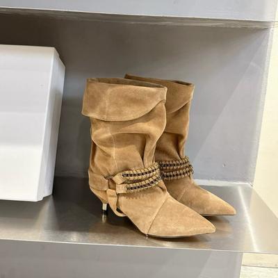 Версия из овчины~ Французские нишевые ботильоны с острым носком и коротким каблуком в стиле вестерн ковбойские женские ботильоны средней высоты с отворотом