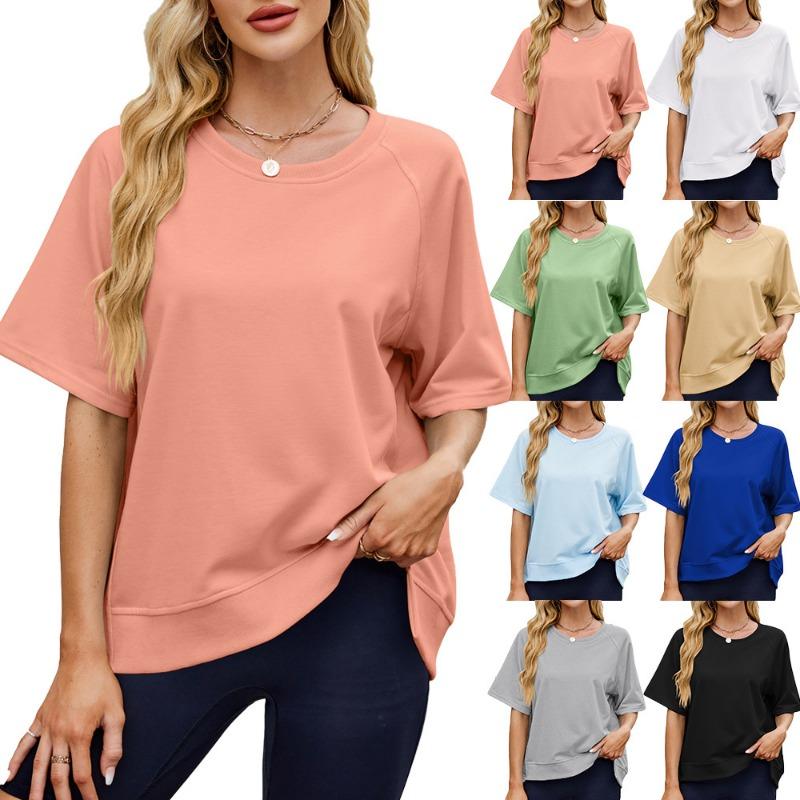 Женская весенне-летняя однотонная нить с круглым вырезом и рукавом средней длины, свободная футболка с капюшоном
