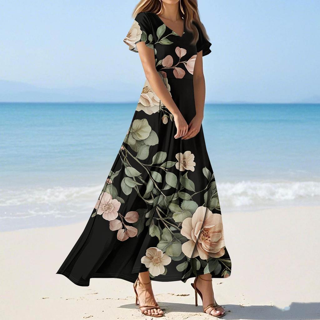 Women's Casual Fashion Print Long Dresses V-Neck Short Sleeve Dresses