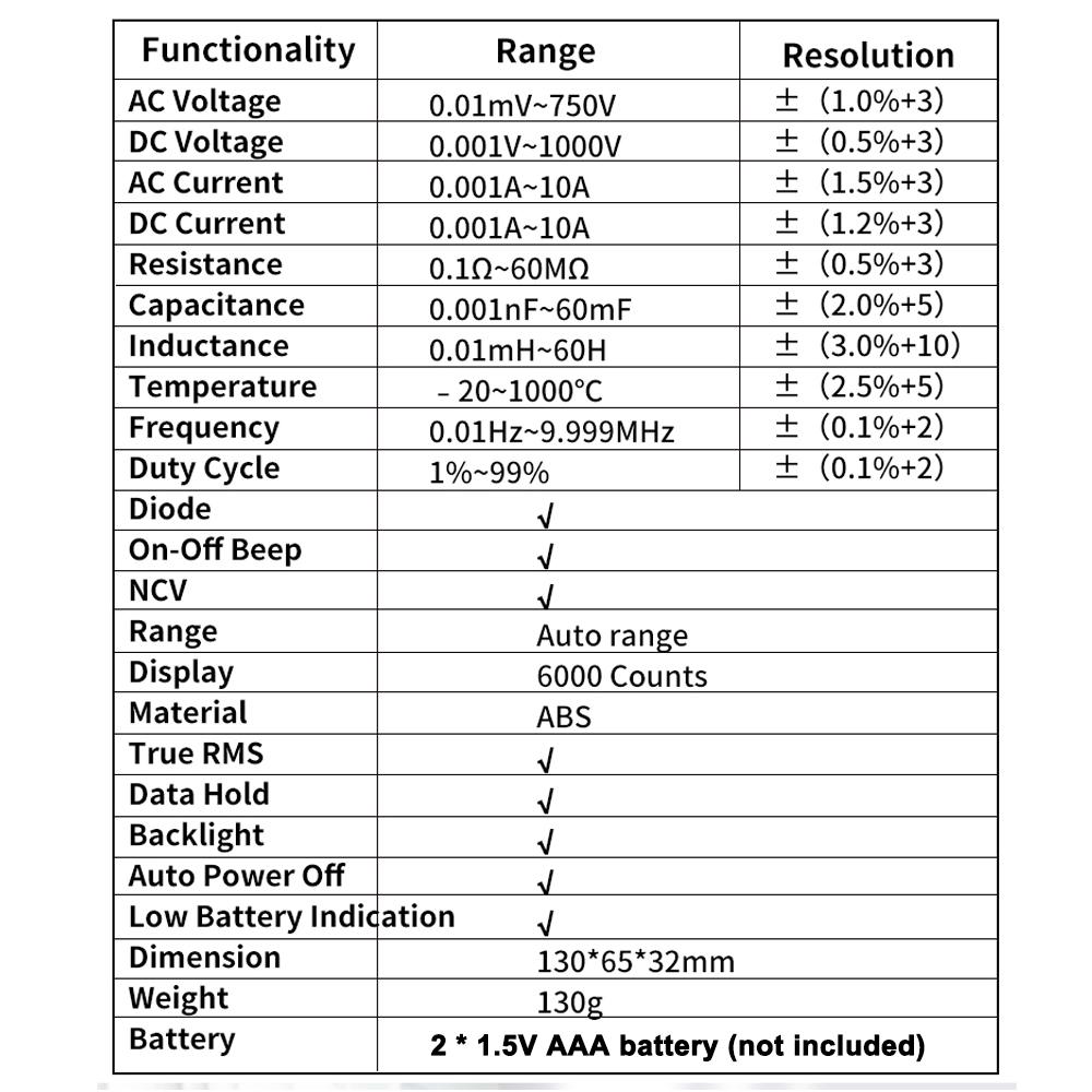 ZOYI ZT102L Digital Multimeter 6000 Counts Auto Range Backlight AC/DC Ammeter Volt Ohm Tester Portable Meter Multimeter