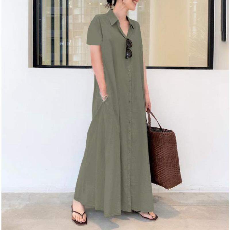 Модное летнее платье-рубашка с коротким рукавом для женщин, больших размеров, с лацканами, однобортное, повседневное, свободное, простое, А-силуэта, вечерние, макси, длинные платья, элегантная одежда с принтом