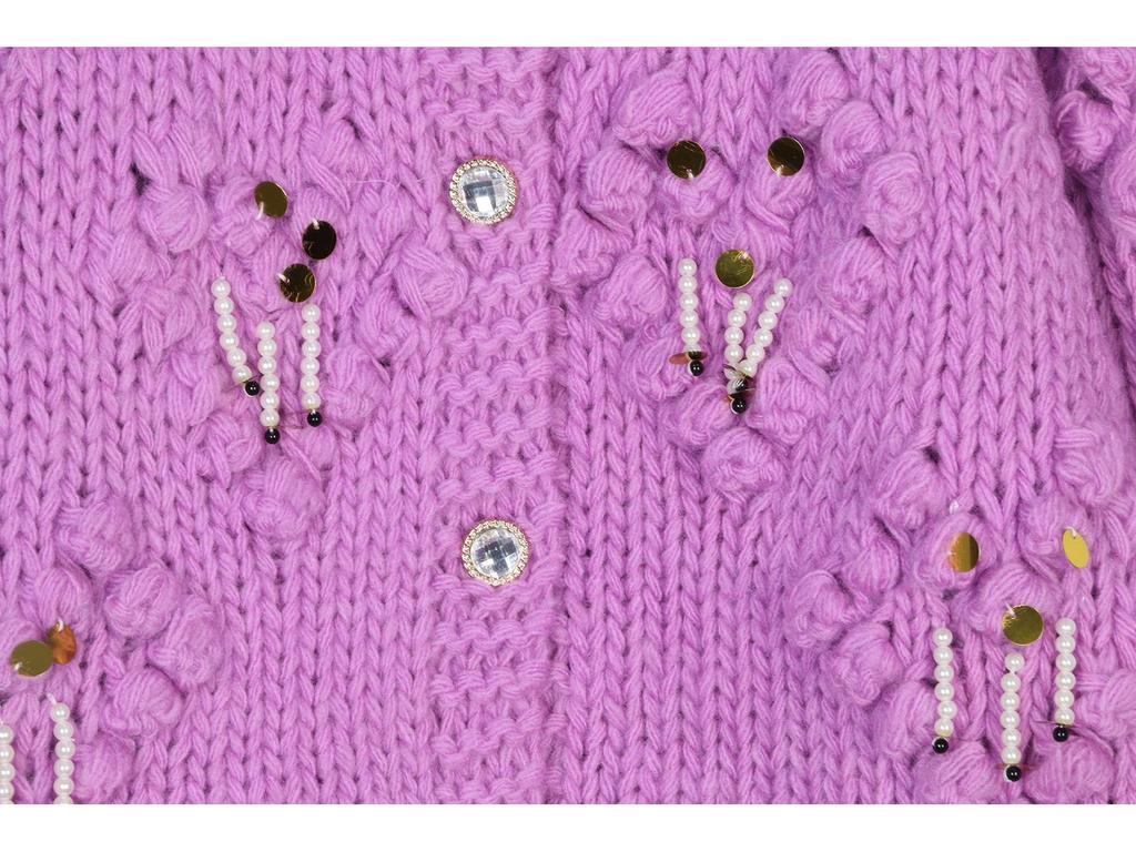 Женский модный кардиган с фиолетовыми помпонами - Круглый вырез, С бисером, Ручной вязки, Ленивый стиль, Осенне-зимний свитер