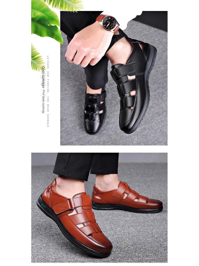 «Мужские черные кожаные нескользящие деловые повседневные сандалии для людей среднего и пожилого возраста»