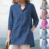 European & American Women's Solid Color Cotton-Linen Pullover Shirt - Autumn 2021, 3/4 Sleeve, Stand-up Collar