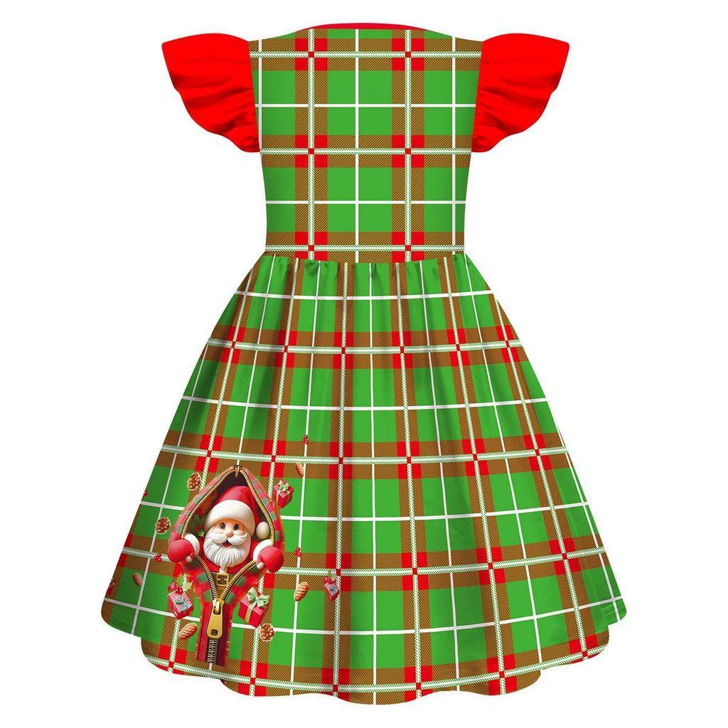 Kids Girls Cartoon Santa Claus Christmas Tree Elk Print Ruffle Sleevess New Year Dress