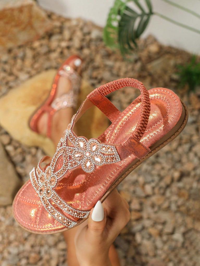 Foreign Trade Flat Women's Shoes Bohemian Style Beach Slippers Large Size with Hollowed Out Rhinestone Sandals for Women