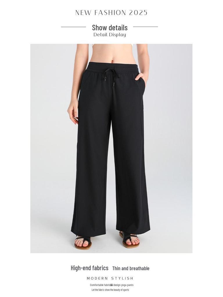 Women's High Waist Wide Leg Summer Yoga Pants with Sun Protection and Pockets