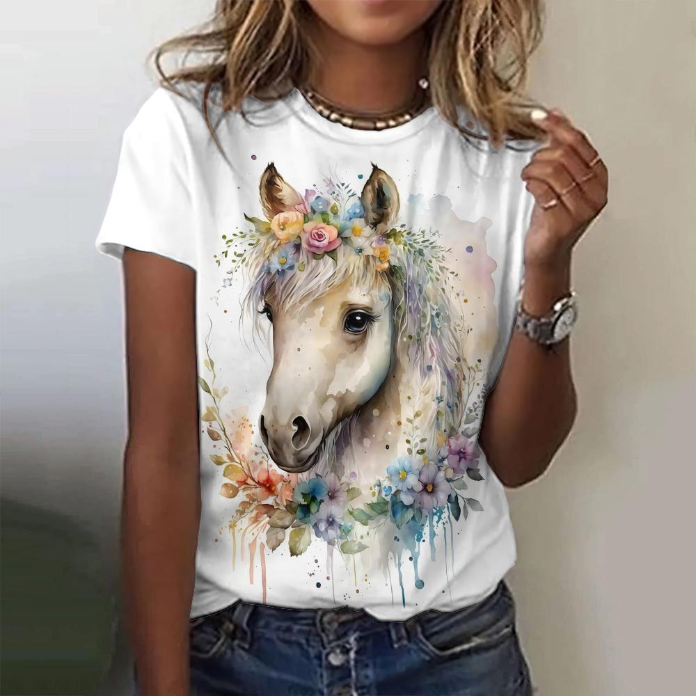 Летняя мода Лошадь 3D Принт Футболки Женская уличная одежда Harajuku Повседневная Y2k Футболка с коротким рукавом Футболки с круглым вырезом Топы Одежда