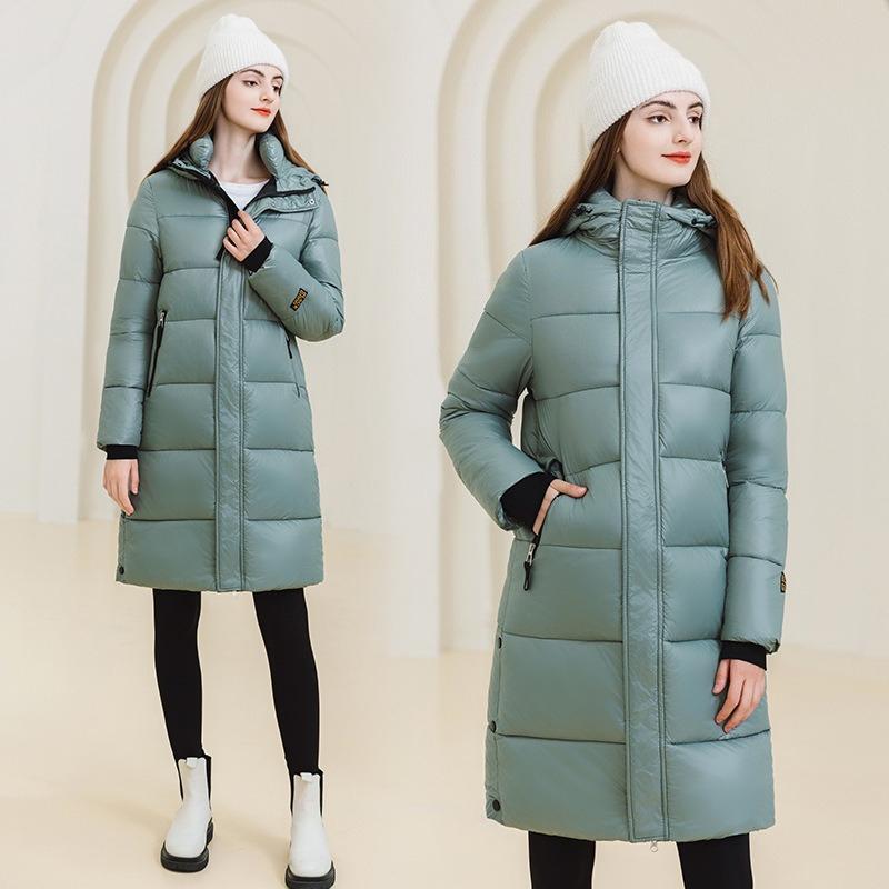 Зимний пуховик для женщин длинный до колена свободного кроя с толстой хлопковой подкладкой