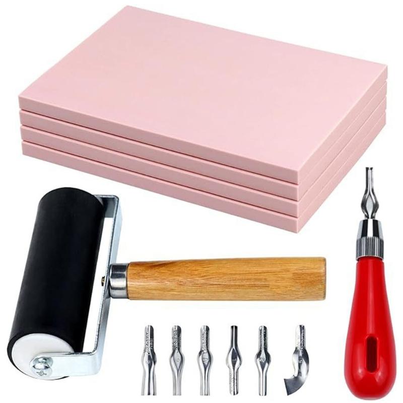Rubber Stamp Making Kit, Block Printing Starter Tool, Linoleum Cutter with 6 Type Roller, Tracings Paper