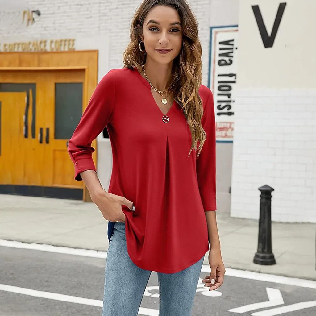 Women's V-Neck Tunic Blouse 3/4 Sleeve Shirts Loose Fit Top with Ring Detail, Casual Dressy Shirt for Work or Daily Wear Blouses Casual Tops S-XXL