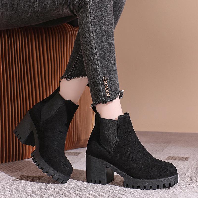 Coarse heel short boots women's autumn and winter large size matte heightening platform high heels British style Martin boots heightening and slimming