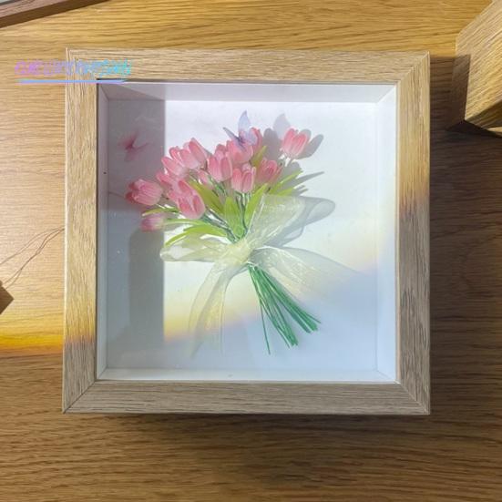 Ночник с цветком тюльпана, деревянная фоторамка ручной работы - 13/10/16, лента с цветами, квадратный подарок, сделай сам, светящийся букет тюльпанов, ночник