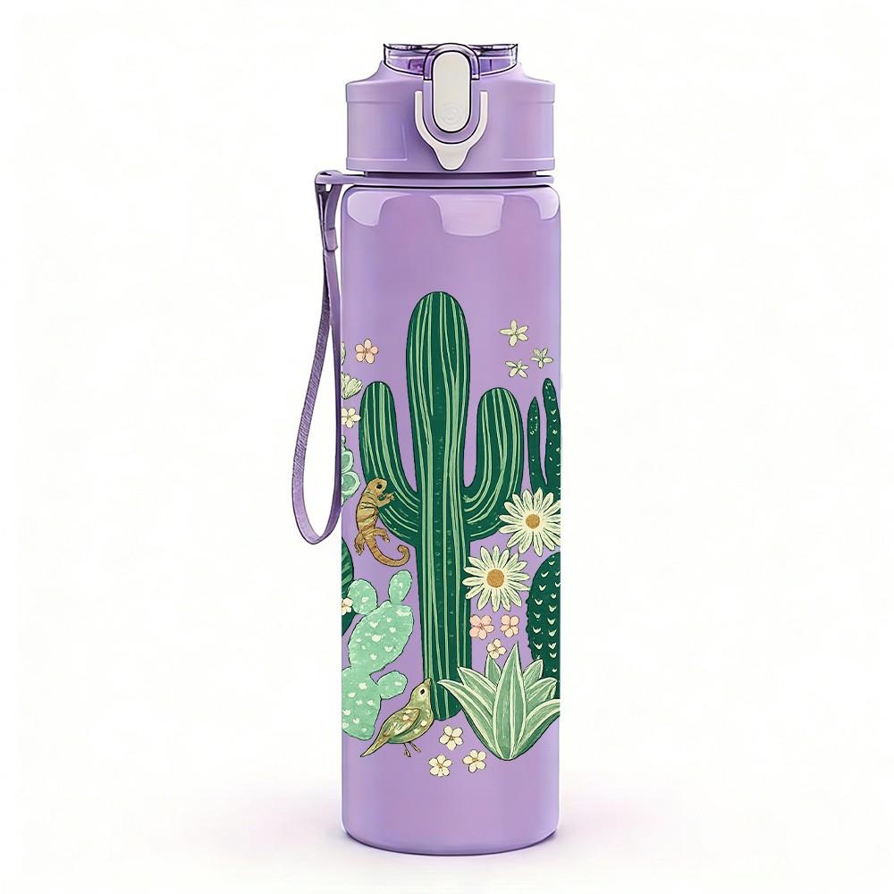 1PC Desert Cactus Plant Art Print 750ml Color Plastic Sports Water Bottle Leakproof Flip Straw Lid Suitable for Sports Office Home Use