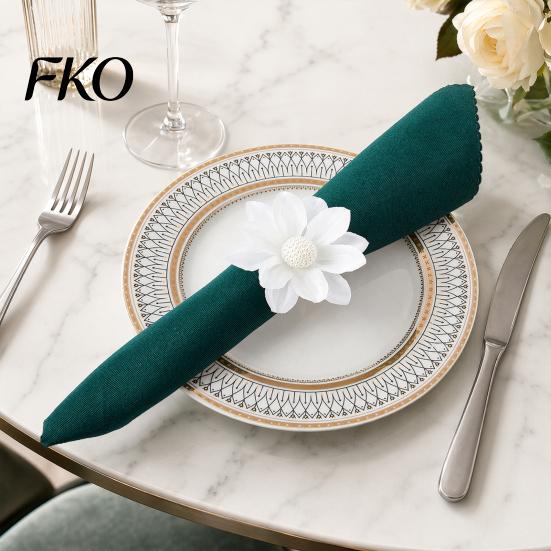 Napkin Ring 6Pcs White Lotus Rings, Chiffon Flower Metal Holders, Faux Soft Fabric Pearl Dinner Rings for Wedding Bridal Shower Table