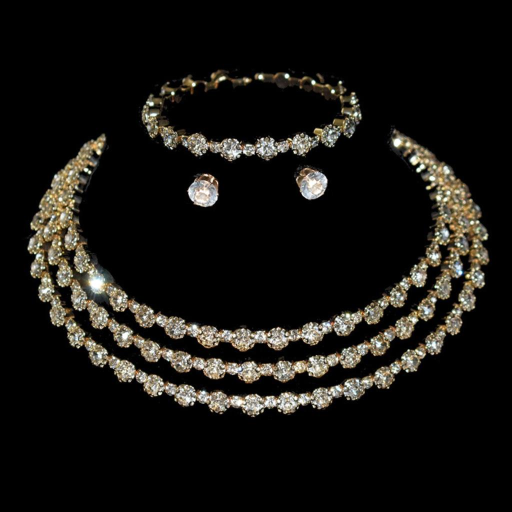 4-piece Women's Jewelry Set with Rhinestones, Multi-layer Collars, Earrings, Bracelets, Wedding Party Accessories