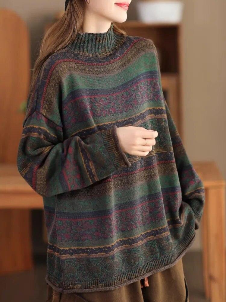 Johnature Women Pullover Vintage Sweaters Mock Neck Long Sleeve Spring Knitted Cotton Women Casual Soft Sweaters