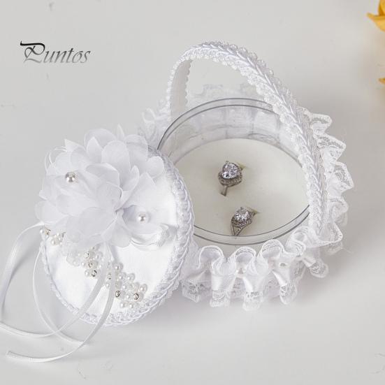 Белая кружевная коробочка для колец, держатель для свадебных колец с ручкой, подушка для колец с лентой и цветком для церемонии помолвки