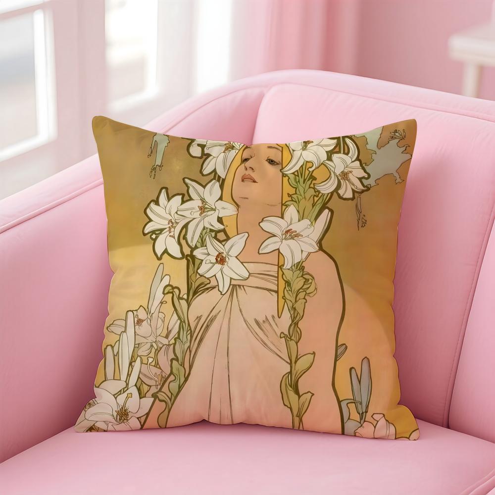 artistic AAlphonse Maria Mucha Cushion Cover Pillow Case Soft Skin Friendly Fabric Comfort Concealed Zipper