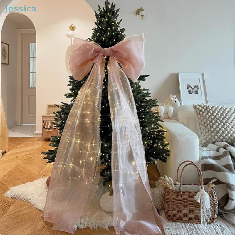 Pink Organza Lighted Christmas Tree Bow Topper Large Holiday Tree Decoration Elegant Xmas Home Party Decor Accessory