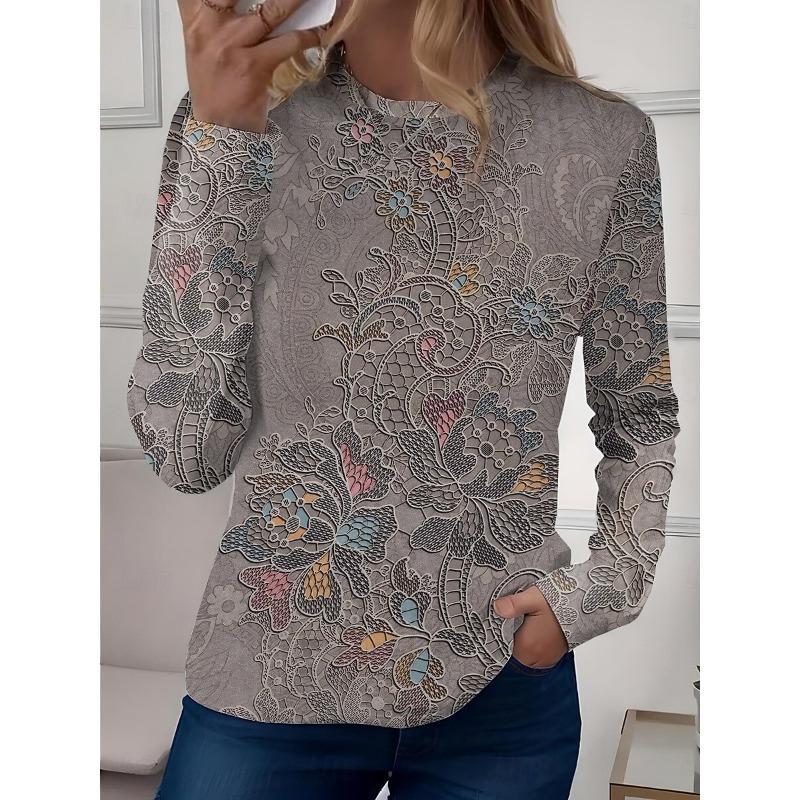Women's Casual T-shirt 3D Printed Flower Print Round Neck Retro Elegant Long Sleeves Women's Fashion Pullover Long Sleeve Tops