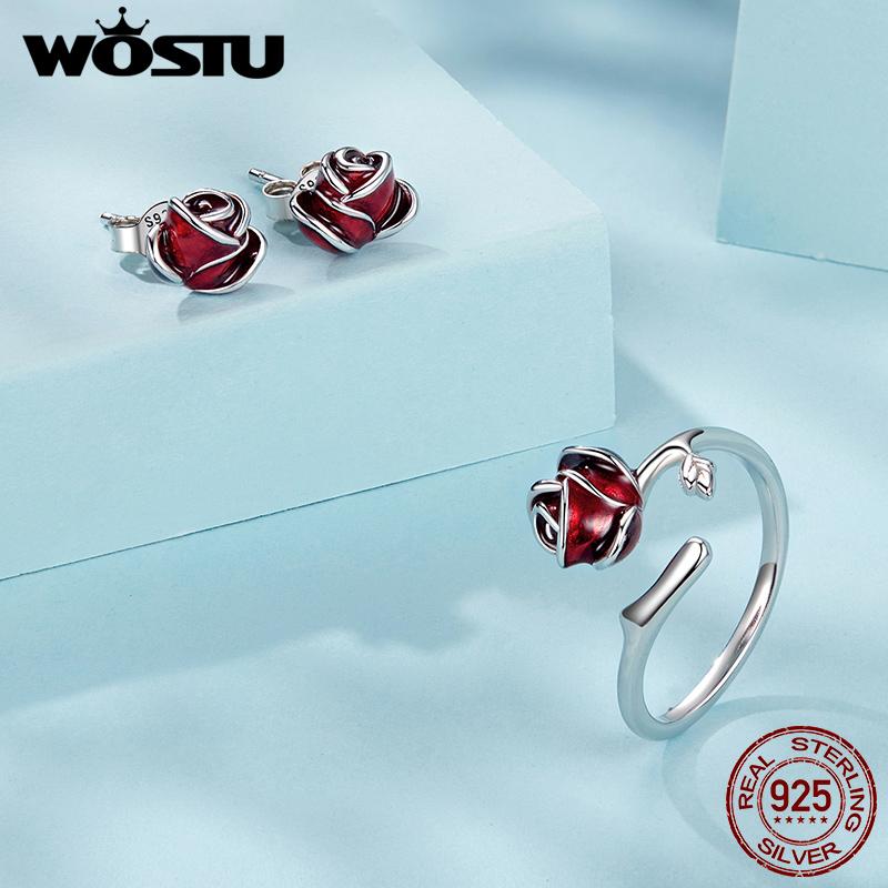 WOSTU Real 925 Sterling Silver Red Rose Opening Love Ring For Women Valentine Gift Flower Stud Earrings Fine Wedding Jewelry Set