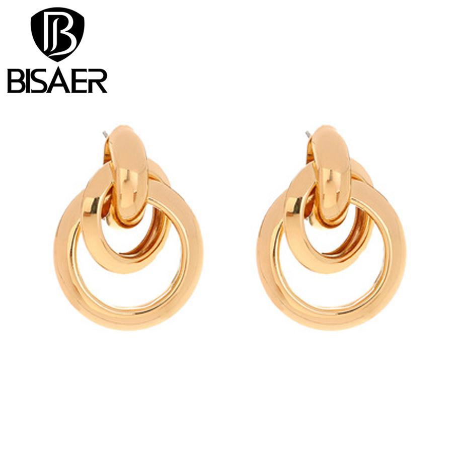 Bisaer Vintage Personality Double Circle Stud Earrings for Women Fashion Jewelry