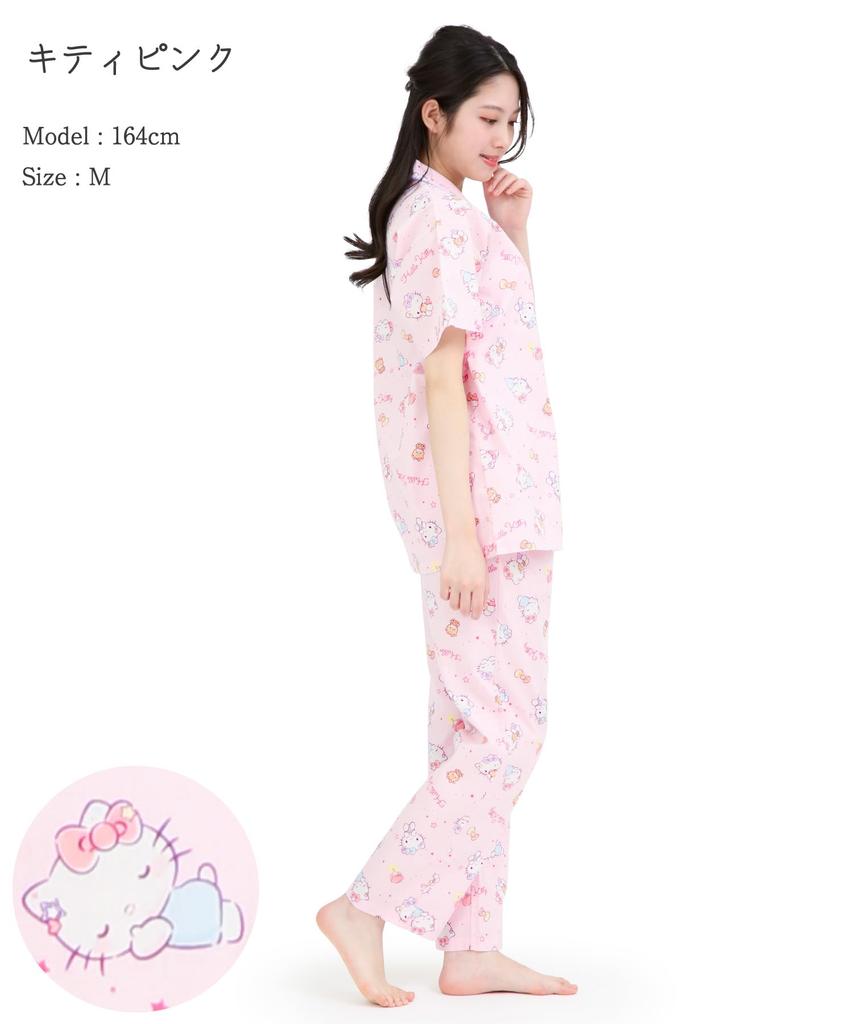 SAZAC Sleepy Hello Kitty Shirt Cotton Short Sleeve and Long Pants Set Pajamas, 100% Broadcloth, Women's (Pink/L/SAN1945)