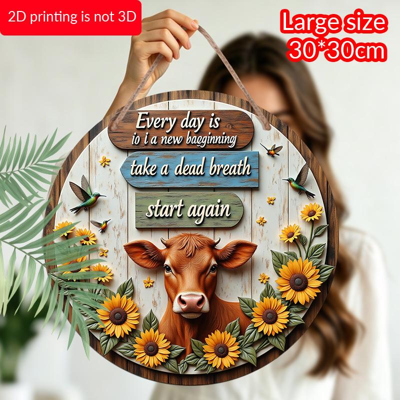 2D Flat, 1pc Round Aluminum Inspirational Farmhouse Sign, "Every Day Is A New Beginning" Quote, 2D Printed Rustic Wood Style with Cute Cow, Bright