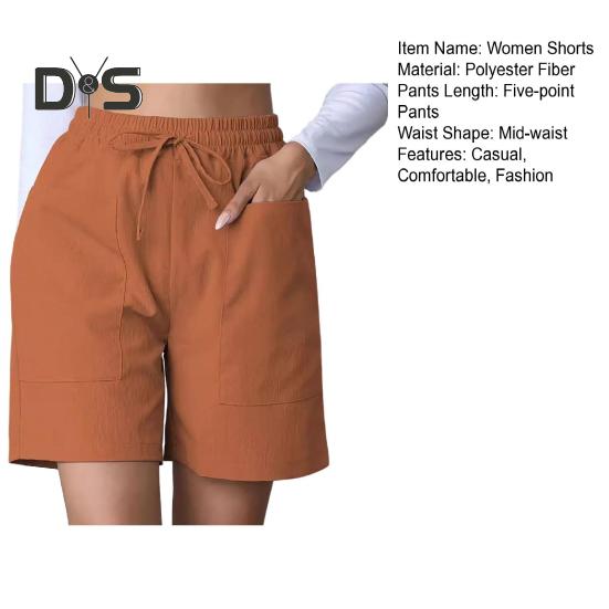 Women's Summer Shorts Casual Stretch Mid Waist Shorts with Pockets Drawstring Wide Leg Sports Pants Fitness Outfit