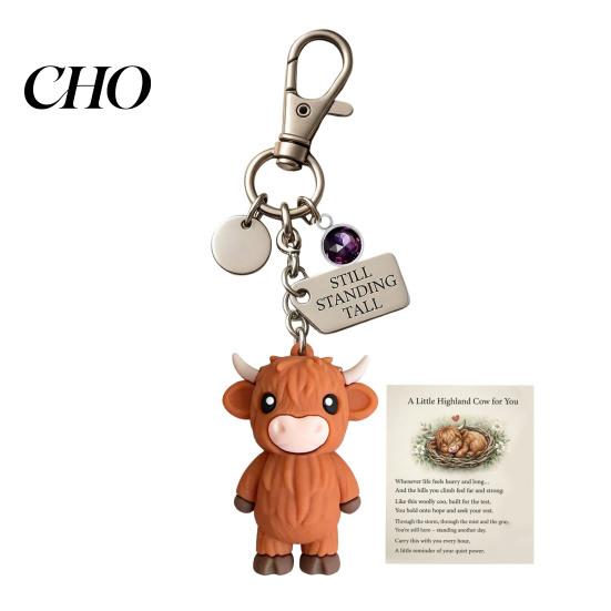 Metal Keychain A Little Highland Cow for You Keychain, 3D Resin Keyring with Birthstone Comforting Gift & Sentiment Card, Your Daily Reminder of Quiet