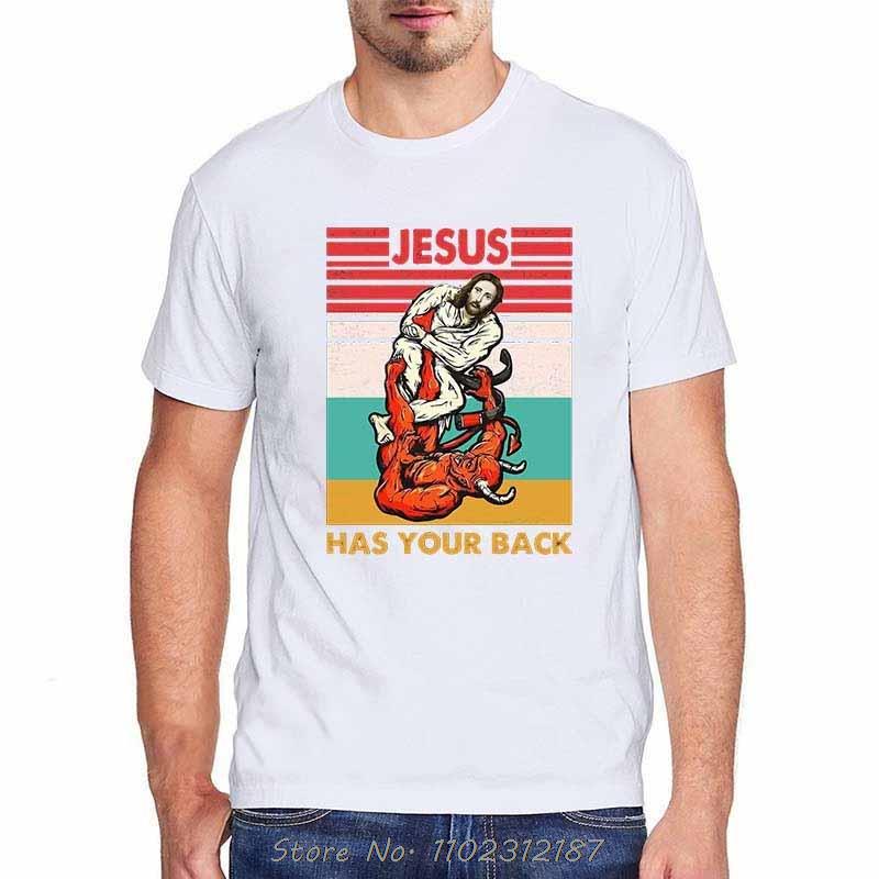 Men Jesus Has Your Back Jiu Jitsu Vintage Christian T-shirt Cotton Tops Kawaii Oversized T Shirt Harajuku Oversize Streetwear