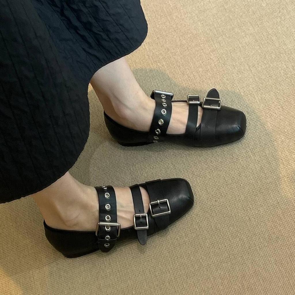 Punk Style 2025 Autumn New Ballet Style Mary Jane Shoes Women's Versatile Leather Shallow Mouth Square Head Belt Buckle Single Shoes