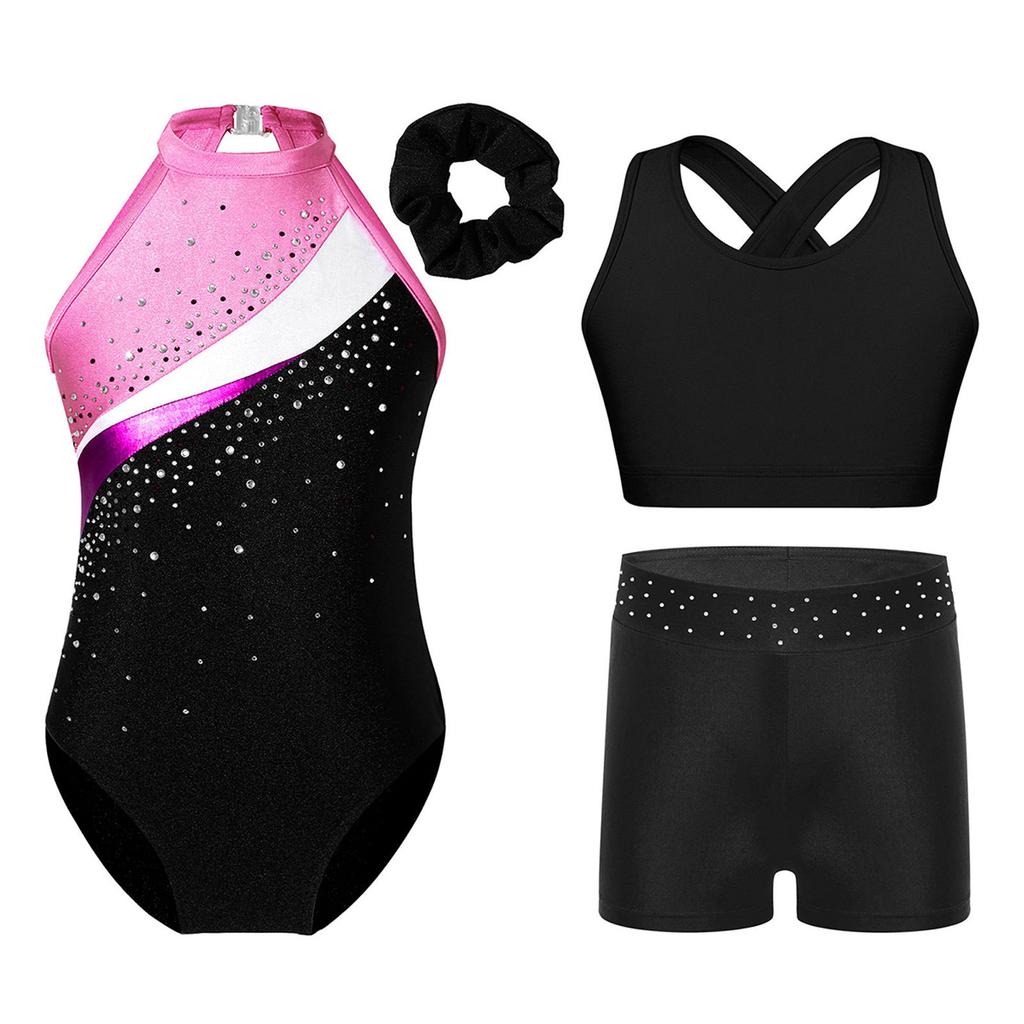 Girls Rhinestone Gymnastics Costume Set with Sleeveless Leotard Vest Shorts Waistband and Hair Band