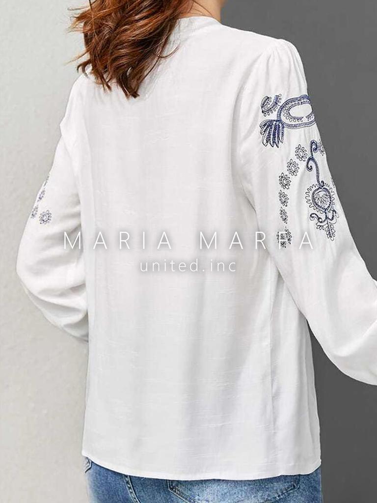 [MARIA MARFA] Вышитая Блузка, Длинные Рукава, Кружевные Рукава, Подчеркивающая Фигуру, Идеальный Силуэт, Женская, Размер 6S-M02-WHXL