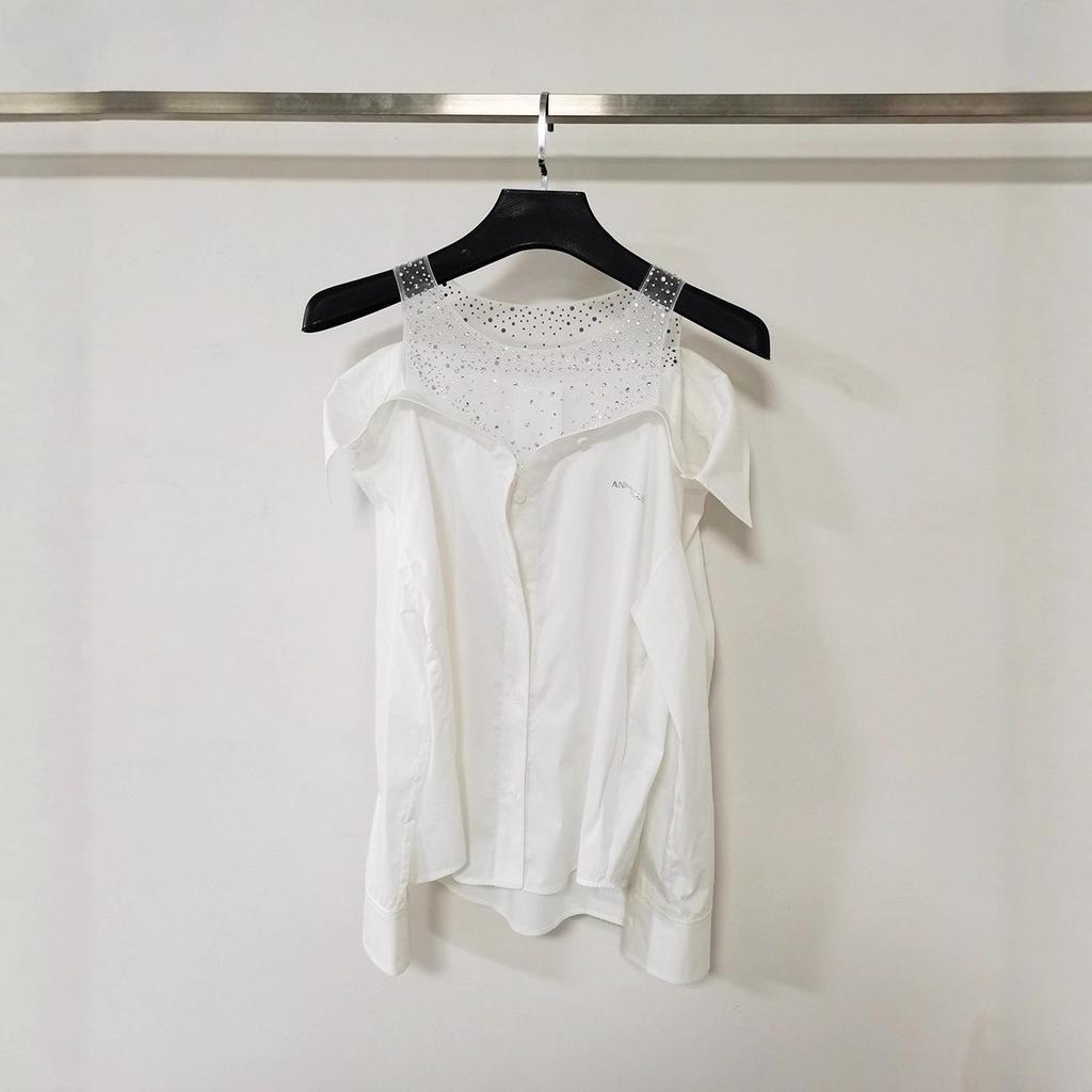 2026 Early Spring New Style Off-Shoulder Letter Crystal Mesh Patchwork Loose Long-Sleeve Women's Top