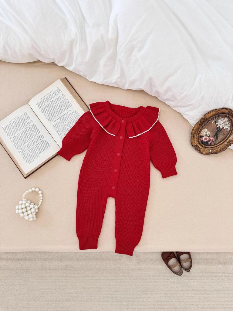 Хлопковый ромпер с длинным рукавом для девочки с воротником-рюшем на весну/осень