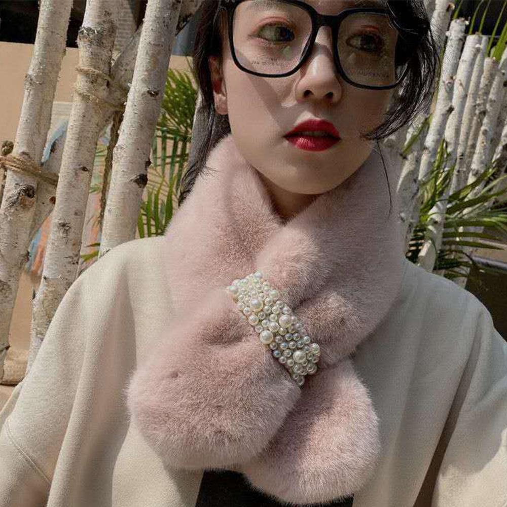 Women Winter Pearl Cross Plush Scarfs Neck Warmers Shawl Warm Scarfs